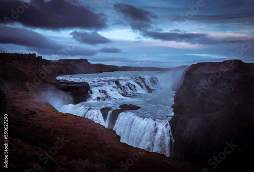 Gullfoss waterfall in Iceland. Dark, moody landscape. 
