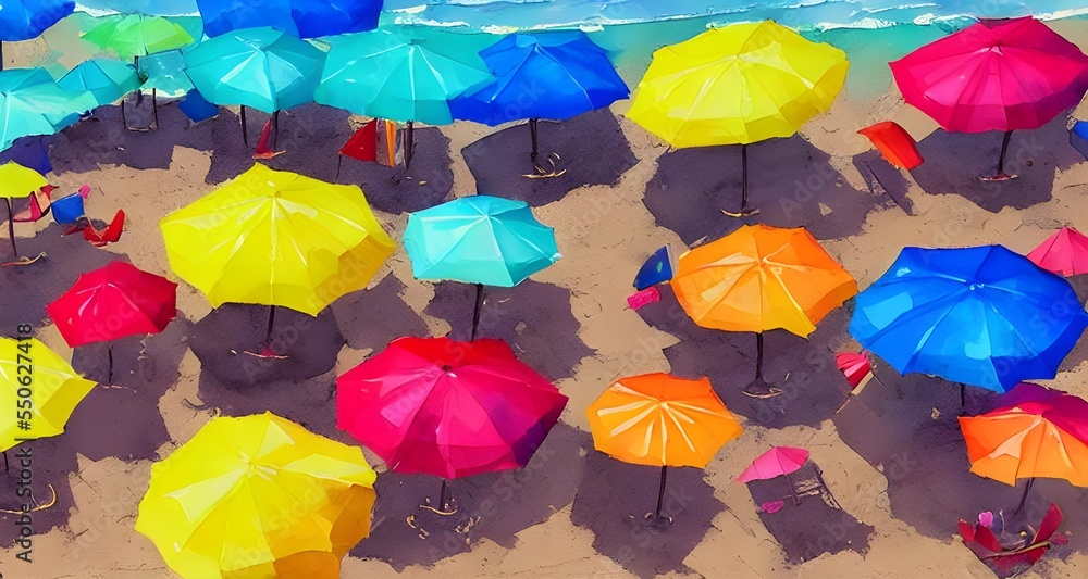 Naklejka premium There are many umbrellas on the beach. They are different colors, including blue, yellow, and pink. The sun is shining brightly overhead and the waves crash onto the shore in front of them