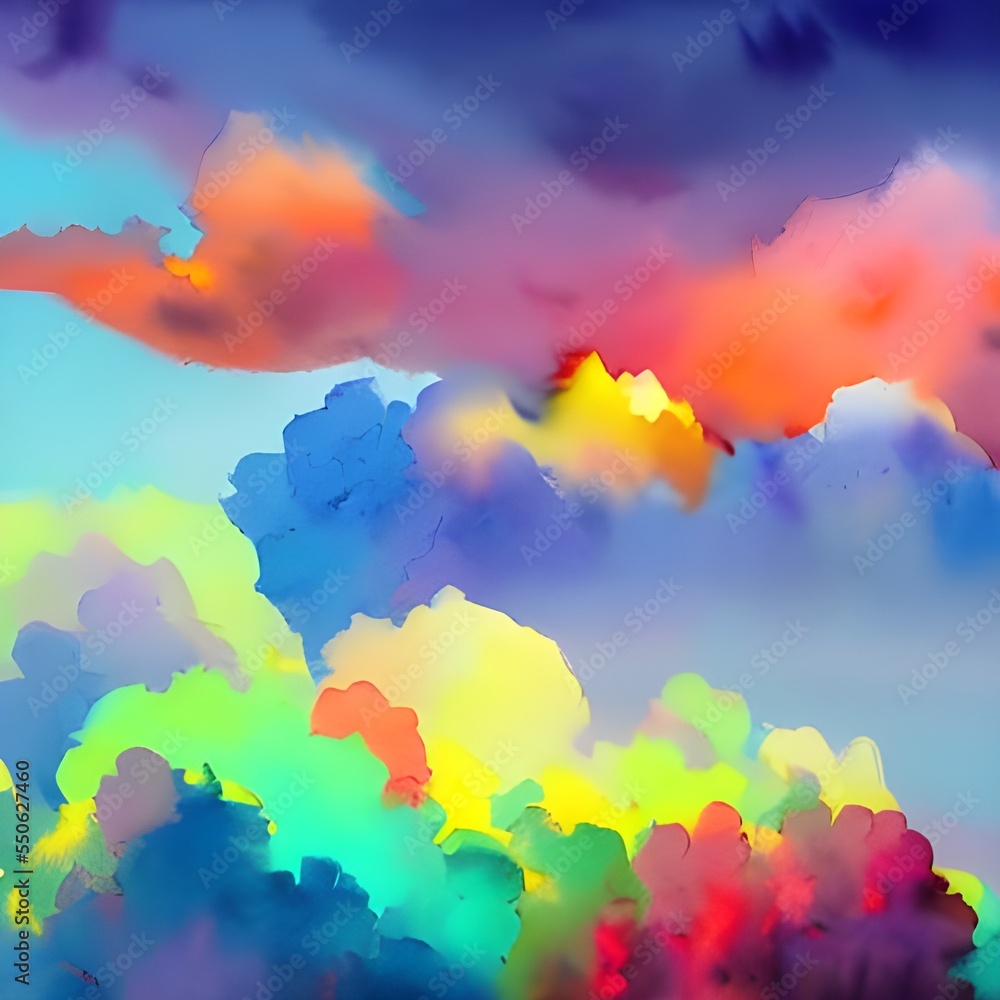 I am looking at a painting of some clouds. They are very fluffy and have many different colors in them, like pink and yellow. The background is a light blue color.