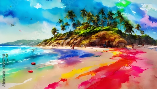 The colorful beach watercolor is beautiful. The colors are so bright and vibrant. I can see the blue of the ocean, the yellow of the sand, and the green of the palm trees. It's such a pretty scene! © dreamyart