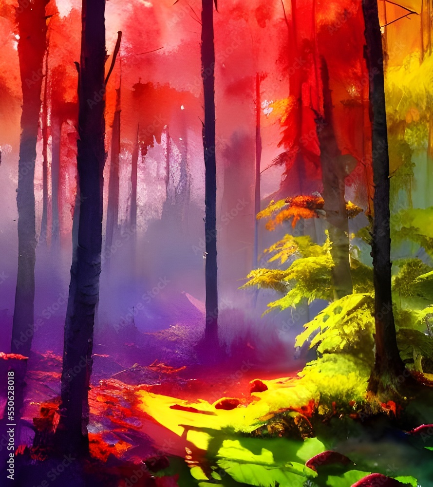 Fototapeta premium I see a colorful forest watercolor. The colors are very bright and vibrant. I can see the different shades of green, blue, and brown. The trees and leaves are all different sizes and shapes.The painti