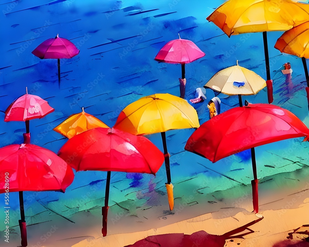 The umbrellas are brightly colored and stand out against the water. They look like they're swaying in the breeze, and the paintbrush strokes give them a soft, dreamy quality.