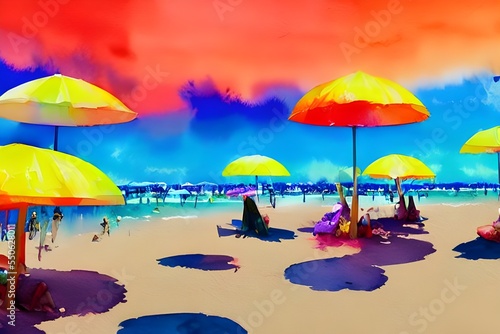 The sun is shining brightly and the waves are crashing onto the shore. The umbrellas are a variety of colors, including blue, green, yellow, and pink.