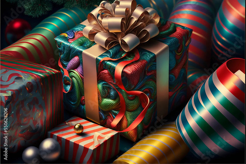 Dozens of glamorous Christmas presents wrapped with shiny multicolor wrapping paper positioned under the Christmas tree, Christmas decorations
