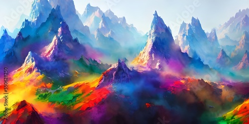 The colorful mountains are like a watercolor painting come to life. The different shades of blue and green pop against the white of the snow-capped peaks. It's a beautiful scene that takes your breath © dreamyart