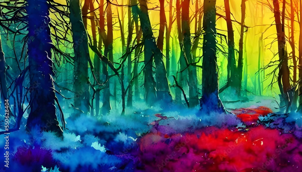 Fototapeta premium A beautiful, colorful winter forest watercolor. The trees are a deep green, the snow is a pristine white, and the sky is a bright blue. It's a cold day, but the sun is shining and the scenery is