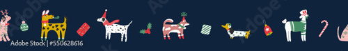 Christmas seamless border, cute dogs in Santa hats and scarves. Dachshund, jack russell, terrier, doberman. Horizontal seamless header for website template, promotion, headline. Vector illustration.