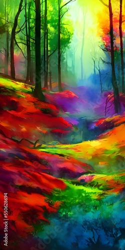 This is a beautiful watercolor painting of a colorful forest. The leaves on the trees are yellow, green, and red, and the sunlight is shining through them. There is a small stream in the center of the