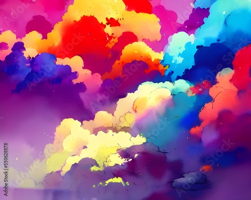 A soft blue sky is accented with fluffy white clouds. Pops of bright pink, orange, and yellow bring the scene to life.