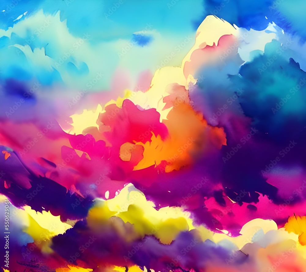 I am looking at a piece of art that consists of colorful clouds in a watercolor style. The colors are very vibrant and beautiful, and they flow together in an interesting way.