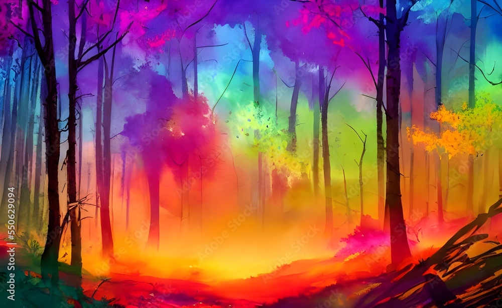 Obraz premium The Colorful forest watercolor is a beautiful painting with many colors. The artist used different shades of greens, blues, and purples to create the trees in the forest. The sunlight shining through 