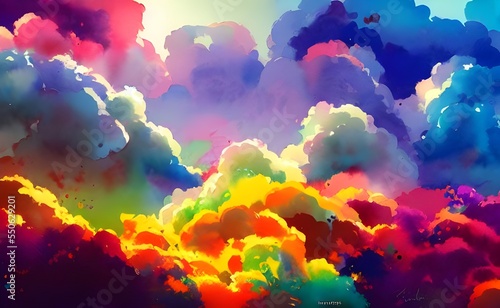 A burst of color fills the sky as fluffy clouds drift by. Gentle strokes of blue and white create a tranquil scene.