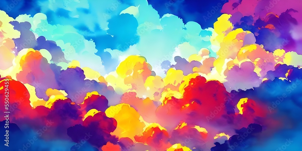 Fototapeta premium The multicolored clouds look like they were paintbrushstrokes in a watercolor painting. The sky is a bright blue, and the fluffy clouds are white, pink, and purple.