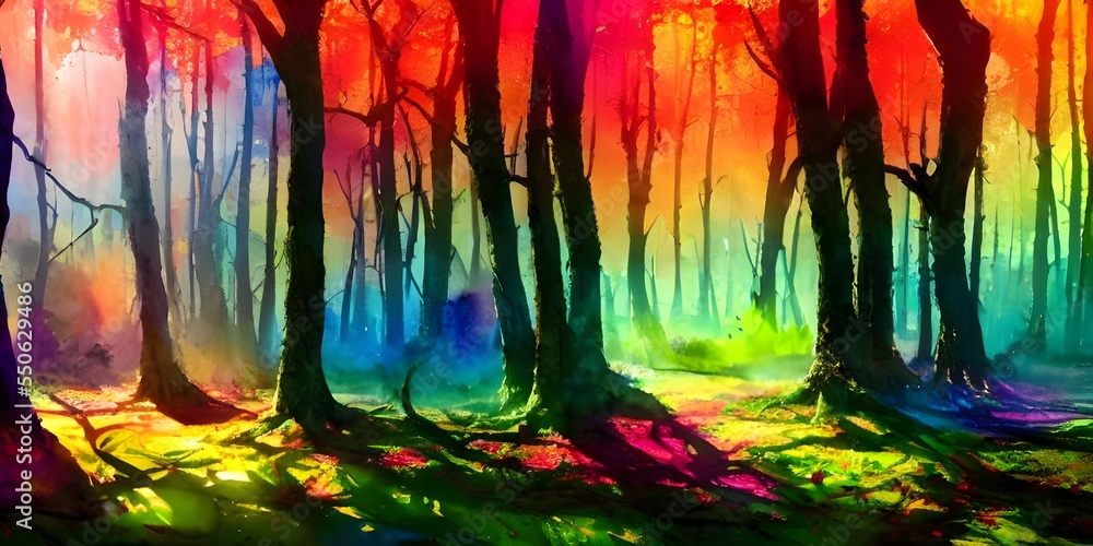 Fototapeta premium She is admiring her work; a beautiful watercolor of a colorful forest. The trees are different shades of green, yellow, and brown. There is a blue sky with white clouds. She used many colors to create