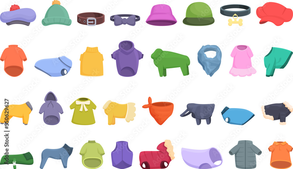 Clothes for cats and dogs icons set cartoon vector. Animal shop. Collar pet