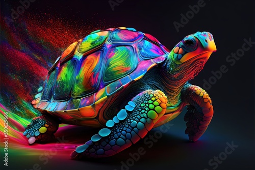 Digital illustration of an abstract big turtle shining in rainbow colors  infinite turbulence  fluorescent red colours comforting and relaxing design.