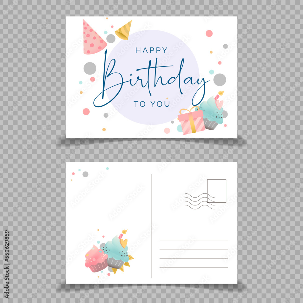 Vector colorful cute happy birthday greeting card postcard template. Greetings card happy birthday design with back of airmail blank postcard. a5 printable template