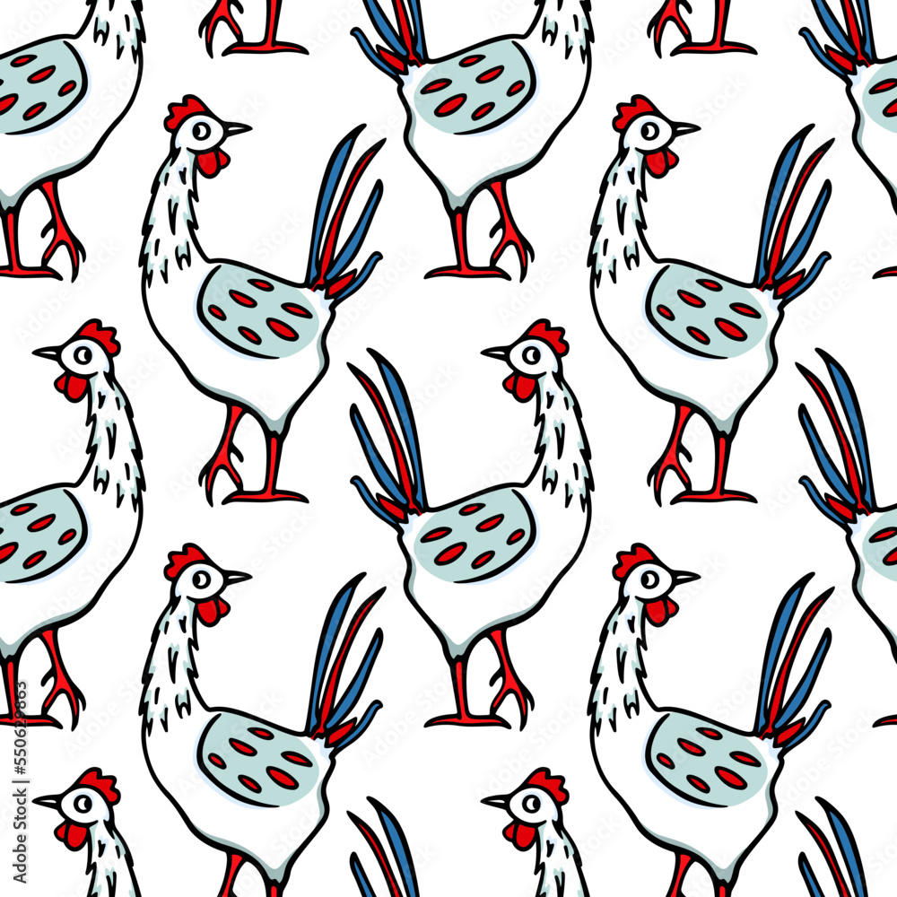 Vector seamless pattern with hand drawn cute playful chickens with blue and red plumage. Beautiful ink drawing, heavy contour, graphic style. Perfect for food or farming prints and patterns. Vector seamless pattern with hand drawn cute playful chickens with blue and red plumage. Beautiful ink drawing, heavy contour, graphic style. Perfect for food or farming prints and patterns.