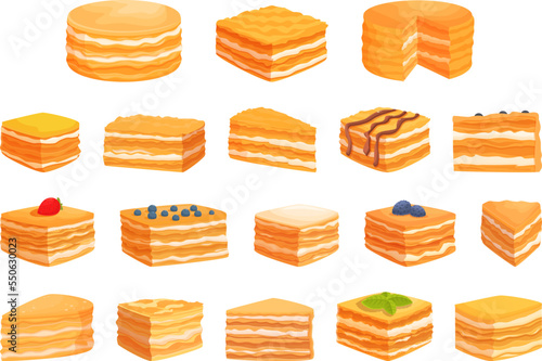Napoleon cake icons set cartoon vector. Food wedding. Party restaurant