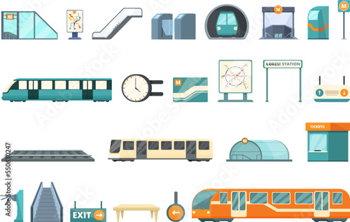 Subway station icons set cartoon vector. Train hub. Travel people