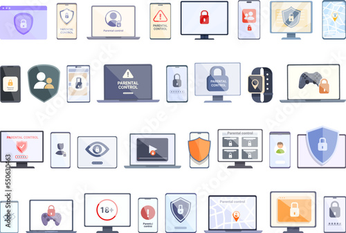 Parental control icons set cartoon vector. Family app. Internet child