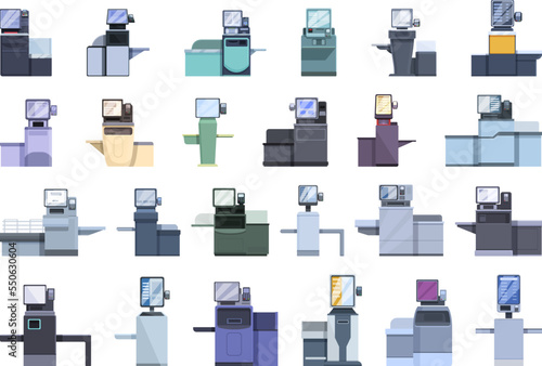 Self-service at the checkout icons set cartoon vector. Cash scan. Cashier terminal