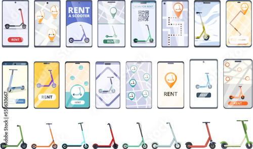 Scooter rental icons set cartoon vector. Electric parking. Charging traffic