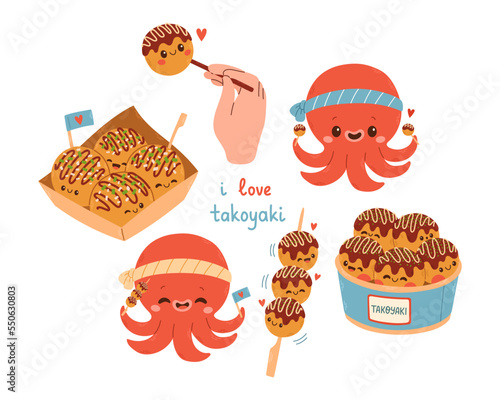 Takoyaki vector set asian food. Cute takoyaki on white background. Free space for text.