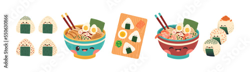 Ramen onigiri vector set. Onigiri ramen set on white background. Onigiri mascot.
