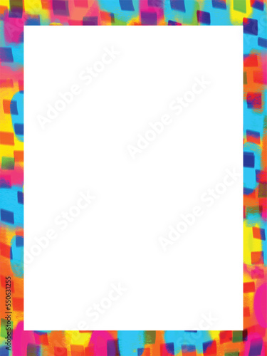 Abstract colorful rainbow multicolored artsy grungy brush stroke background frame with white blank copy space isolated. Template for social media post, poster, banner, brochure, and others.