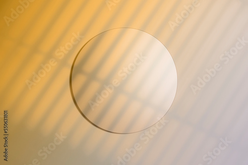 Realistic 3d rendering platform for product display on yellow background with windows shadows. Top view.