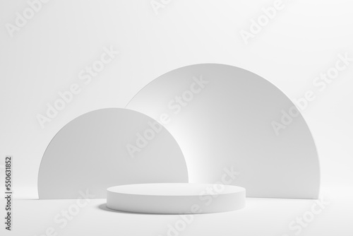 Realistic 3d rendering platform for product display with total white colors.