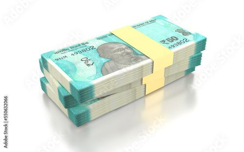 Indian Rupee 50 Currency Note Bundles isolated on White Background - 3D Illustration Render