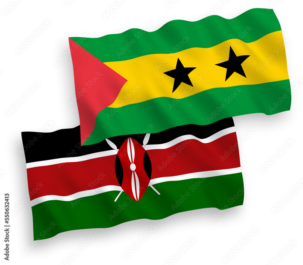 National vector fabric wave flags of Saint Thomas and Prince and Kenya isolated on white background. 1 to 2 proportion. National vector fabric wave flags of Saint Thomas and Prince and Kenya isolated on white background. 1 to 2 proportion.