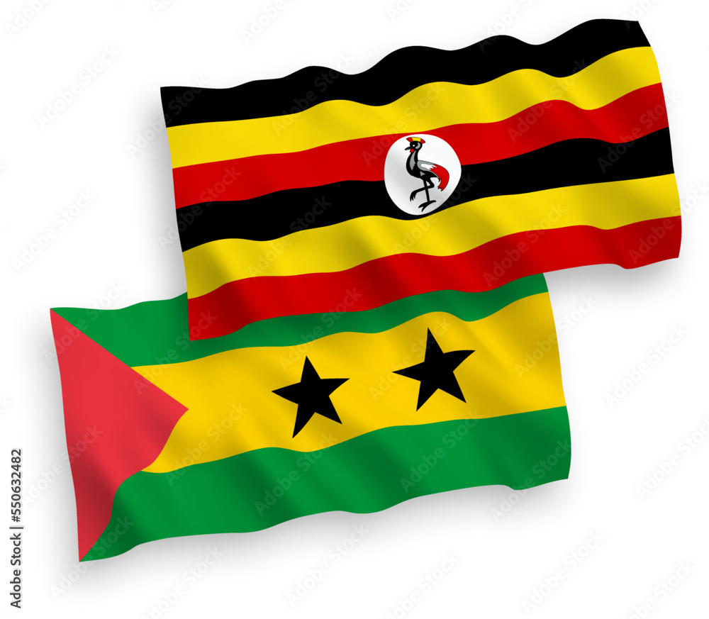 National vector fabric wave flags of Saint Thomas and Prince and Uganda isolated on white background. 1 to 2 proportion. National vector fabric wave flags of Saint Thomas and Prince and Uganda isolated on white background. 1 to 2 proportion.