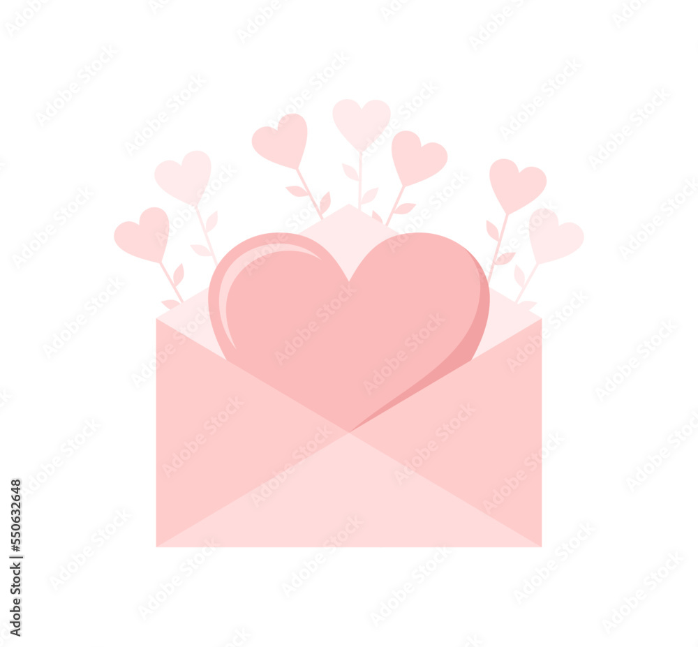 Pink envelope with big heart inside and hearts on stems around on a white background. Happy Valentines day, love letter concept. Flat vector illustration