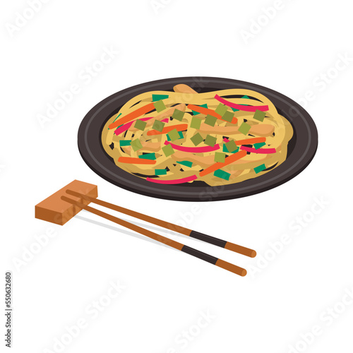 Chinese national food. Chow Mein. Noodles with meat and vegetables.  Vector graphic.	