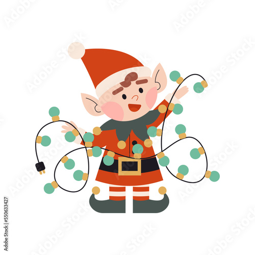 Christmas elf in red costume. Little Santa's helper holding lights. Dwarf little fantasy helpers. Children winter character. Elf for party invitations or greeting cards. Flat vector. 