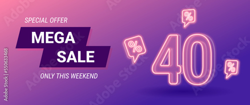 sale neon banner, 40 percent off, vector illustration