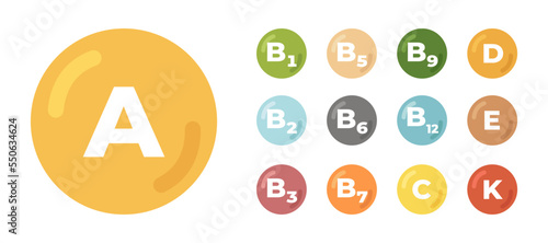 Vitamin A, B group, C, D, E, K icons set. Collection of round flat simple icons.
