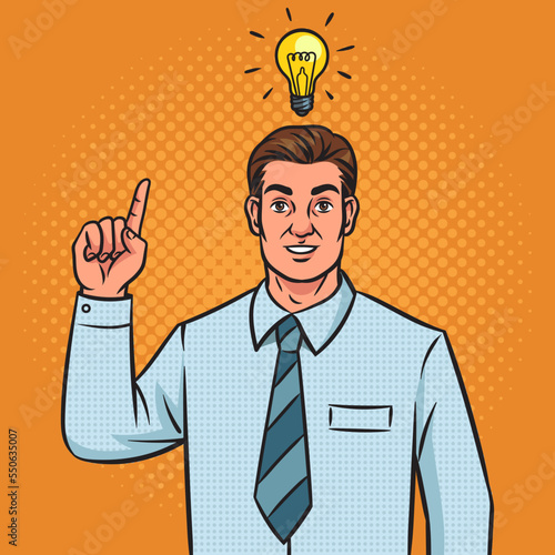 idea came to man and light bulb over his head pinup pop art retro vector illustration. Comic book style imitation.