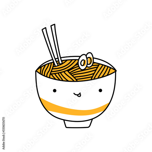 Charming bowl ramen with chopsticks. Cartoon Chinese Cute noodles. Doodle kawaii Ramen vector illustration