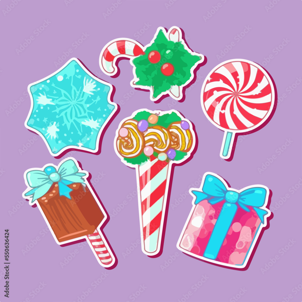 A set of christmas candies, xmas candy sticker collection decoration. New-year holidays