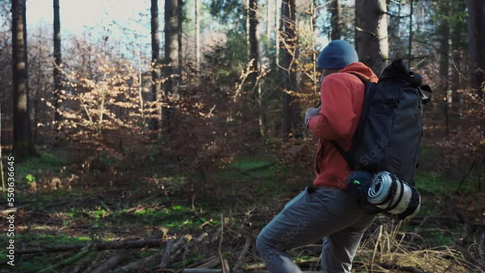 Man walking in an autumn forest in cold, sunny weather with backpack. Leisure activity, weekend. Travel and active lifestyle. Male hiking and exploring forest area. Backpacking, woods, trekking. Man walking in an autumn forest in cold, sunny weather with backpack. Leisure activity, weekend. Travel and active lifestyle. Male hiking and exploring forest area. Backpacking, woods, trekking.