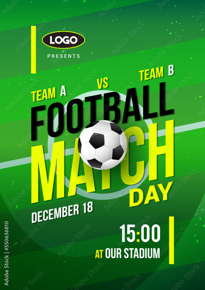 Vecteur Stock Football Match Day poster vector illustration. Ball on soccer  pitch