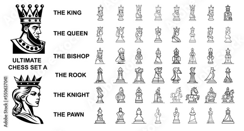 Fotografie, Obraz Chess outline icons sets editable vector, kings, queens, bishops, knights, rooks and ponds, bonus king and queen medieval icon