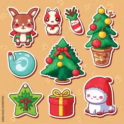 A set of christmas decoration, xmas attribute sticker collection elements. Winter holidays