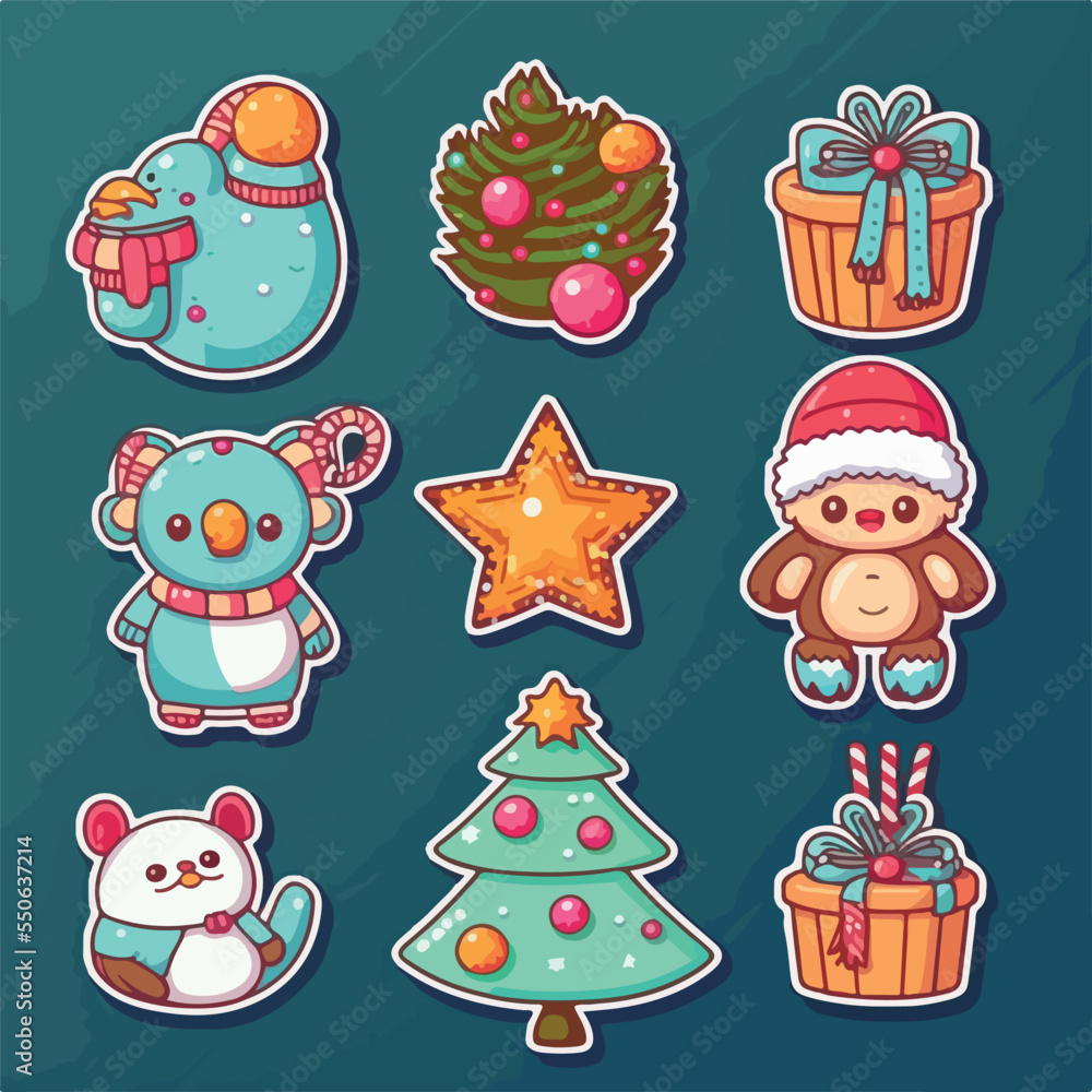 A set of christmas decoration, xmas attribute printable sticker collection sheet. New-year holidays A set of christmas decoration, xmas attribute printable sticker collection sheet. New-year holidays