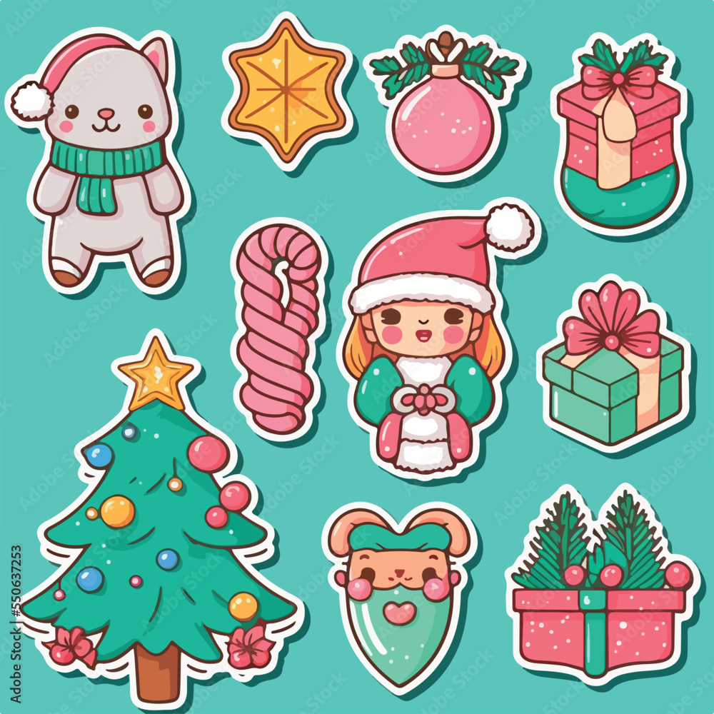 A set of christmas decoration, xmas attribute ornament sticker collection. Winter collection A set of christmas decoration, xmas attribute ornament sticker collection. Winter collection
