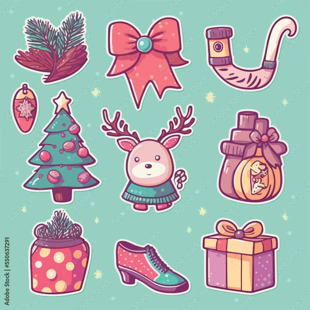 A set of christmas decor, xmas attribute sticker collection. Winter holidays